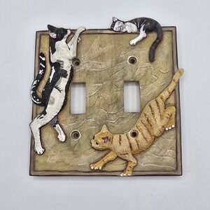 Vtg Playful Cats Double Toggle Light Switch Cover Hand Painted Resin Kitten